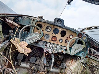 Flight controls of wrecked Ryan Navion aircraft