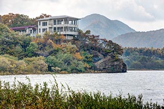Abandoned tourist facility overlooking Lake Akimoto, Fukushima Prefecture, Japan
