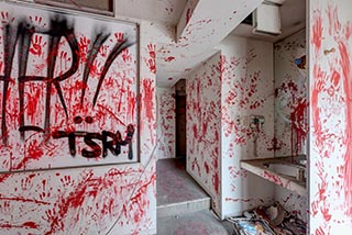 Abandoned Hotel Tropical Guest Room with Bloody Handprints