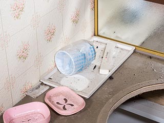 Cup, toothbrush, and soap dish on vanity in Motel Akatsuki