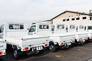 New Suzuki Carry trucks lined up near ruins of Meihan Health Land