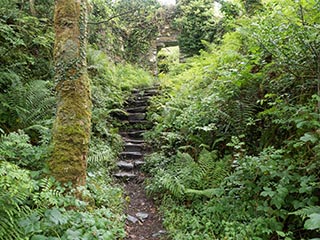 old stone steps leading to ruined gatehouse