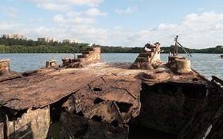 large hole in deck near the bow