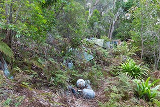 Collapsed corrugated iron shacks and garbage in bush near Wondabyne, Australia