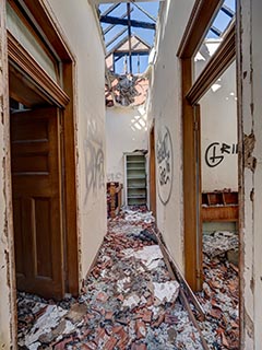 Fire damaged upstairs corridor in St. John's Orphanage