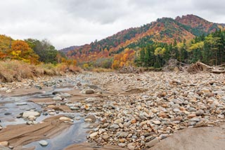 River and Autumn Leaves, Akita Prefecture, Japan