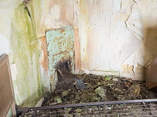 bedroom fireplace surrounded by debris